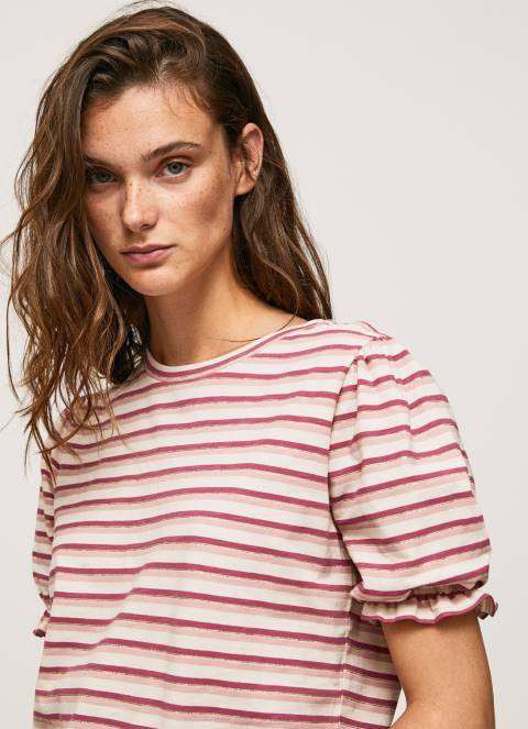 žene tamno rumenilo prugasta majica s volanima Pepe Jeans JZ8H392