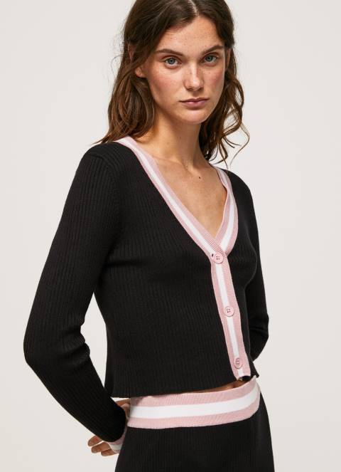 žene crno rebrasti kardigan s v izrezom Pepe Jeans JZ8H264