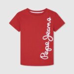 dječak studio crvena pamučna majica s okomitim logotipom Pepe Jeans JZ8H1608