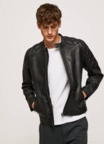 muškarci crno janjeća kožna biciklistička jakna Pepe Jeans JZ8H835