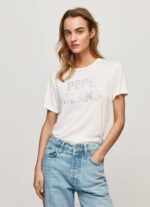 žene bijela majica kratkih rukava s logotipom od štrasa Pepe Jeans JZ8H451