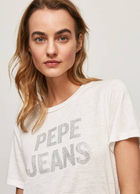 žene bijela majica kratkih rukava s logotipom od štrasa Pepe Jeans JZ8H451 - Slika 3