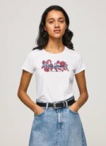 žene bijela majica s printom logotipa od likre Pepe Jeans JZ8H385