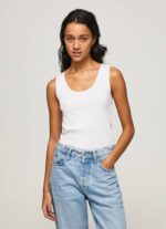 žene bijela rebrasta majica kratkih rukava s otvorom za ruke Pepe Jeans JZ8H457 - Slika 3