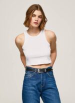 žene bijela rebrasta majica s rukavima s otvorom za ruke Pepe Jeans JZ8H423