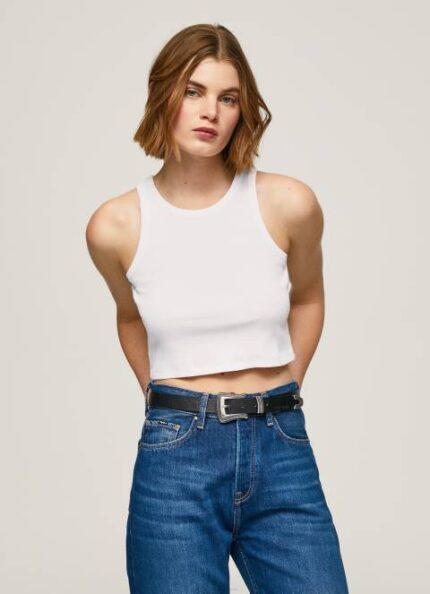 žene bijela rebrasta majica s rukavima s otvorom za ruke Pepe Jeans JZ8H423
