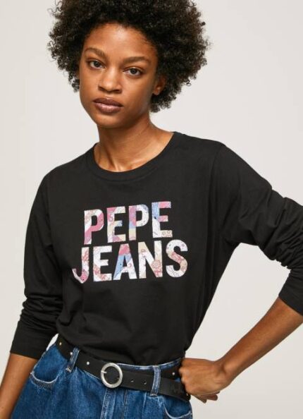 žene crno majica dugih rukava s logotipom Pepe Jeans JZ8H426