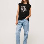 žene crno majica kratkih rukava s rukavima s logotipom Pepe Jeans JZ8H419