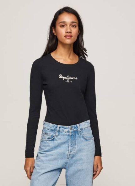 žene crno pamučna majica dugih rukava Pepe Jeans JZ8H471